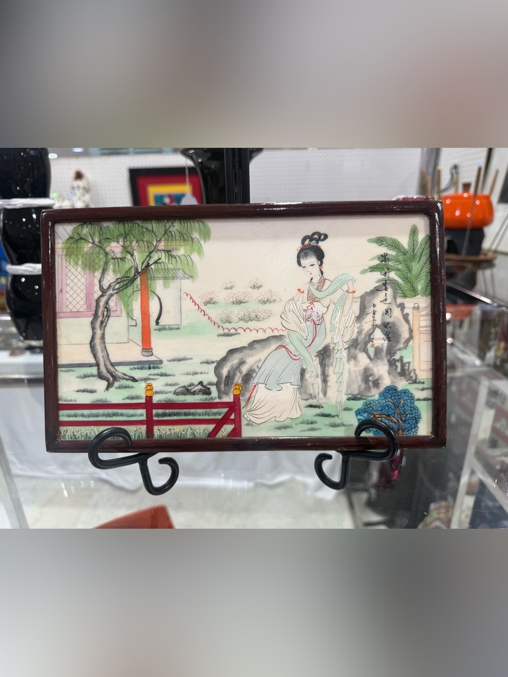 Vintage Chinese Hand-Painted Double-Sided Marble Table Screen Plaque 6x10